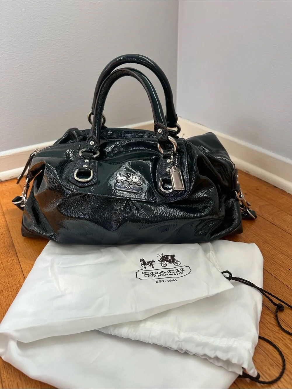 COACH Madison Large Sabrina Satchel Deep Teal Patent Leather Convertible 14179